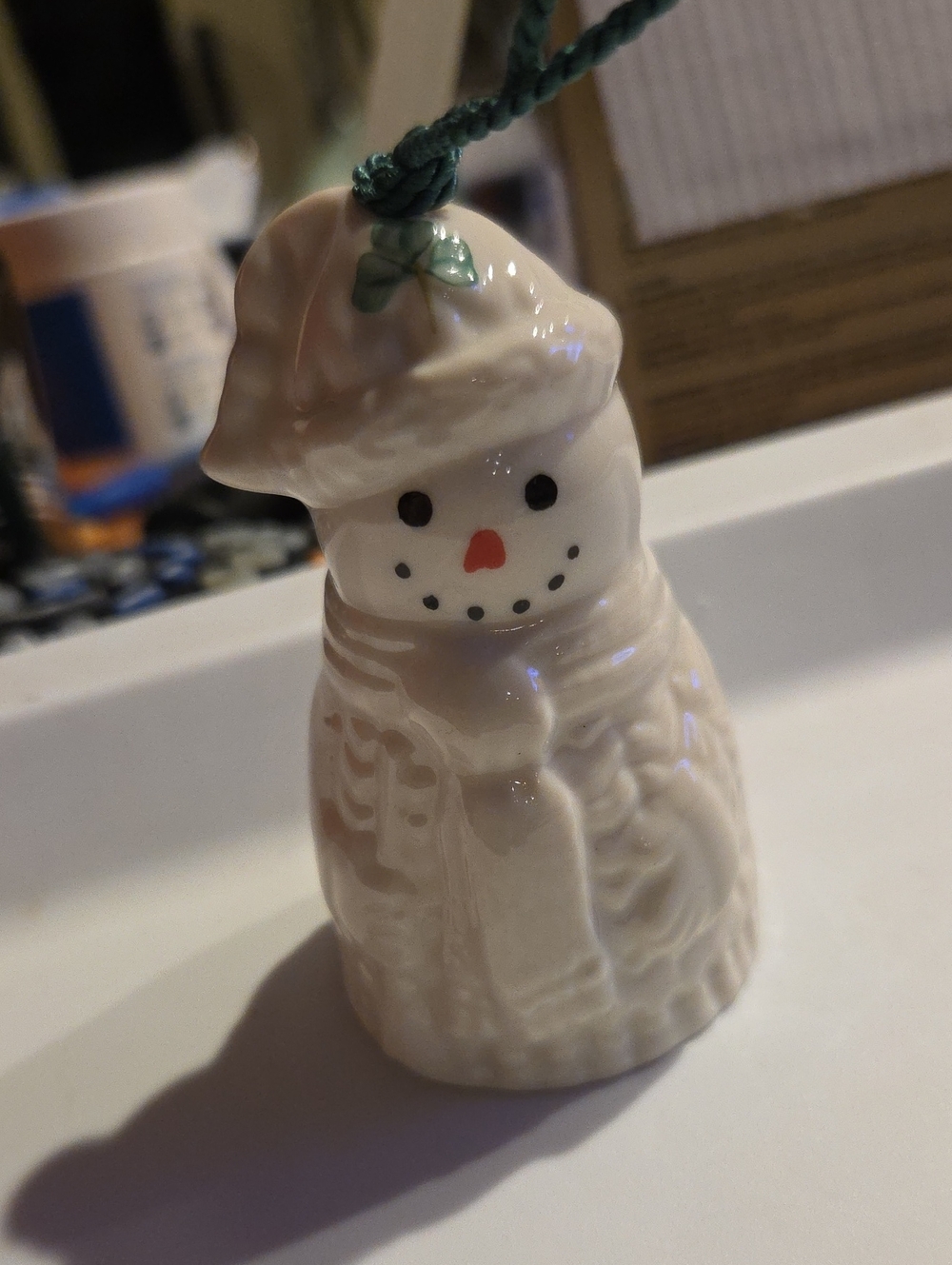Belleek White Parian China Irish Sweater Snowman Christmas Ornament Bell Vintage
